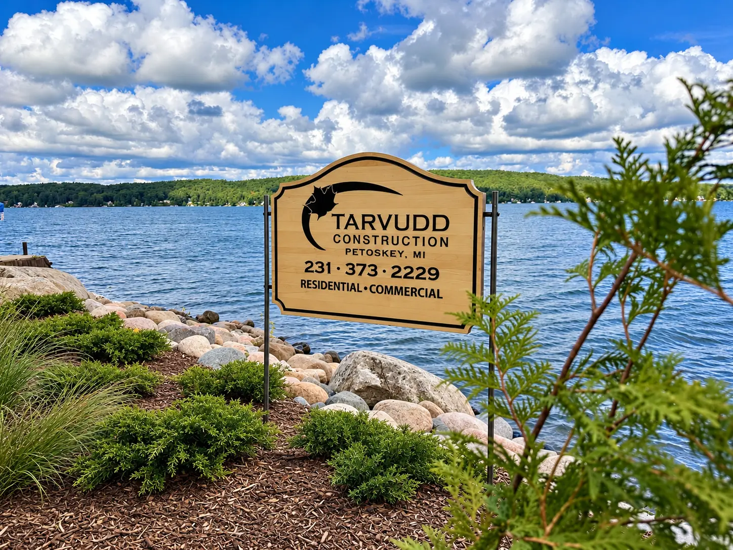 Tarvudd Construction sign on a Northern Michigan lakefront