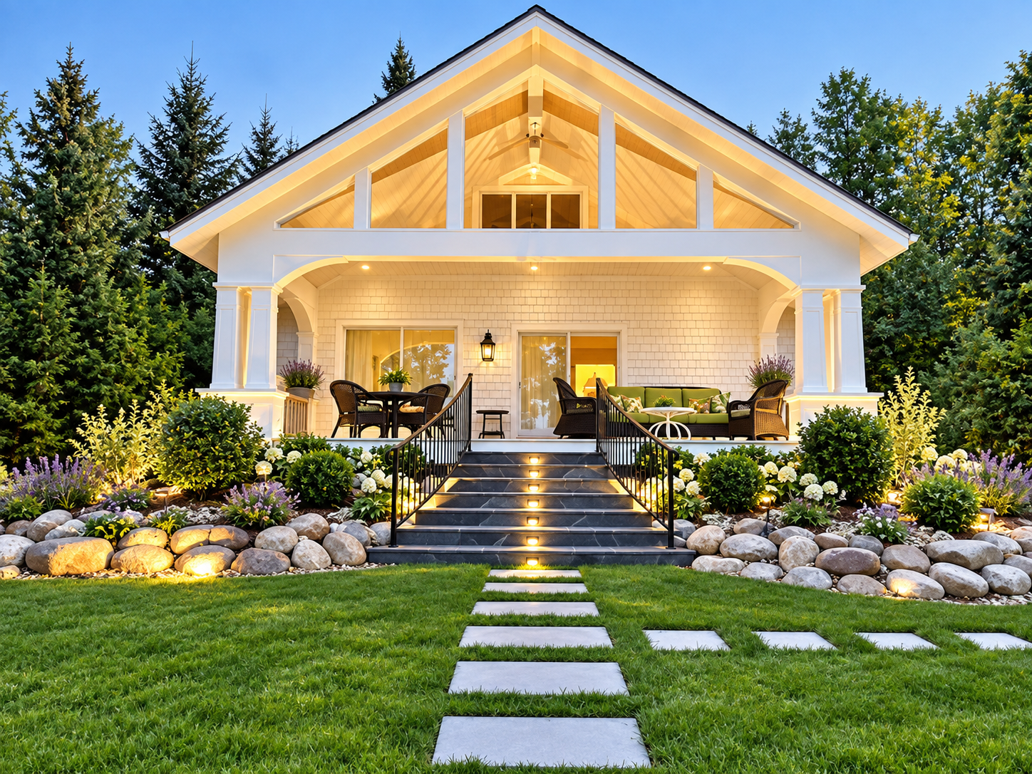 Illuminated Tarvudd custom home at dusk in Northern Michigan