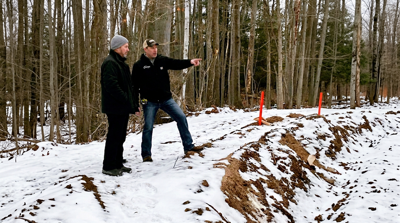 Tarvudd Construction team reviewing a wooded northern Michigan build site